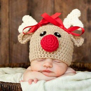 Infant Brown/White Rudolph Christmas Newborn with Bow-Knot Beanie/Hat